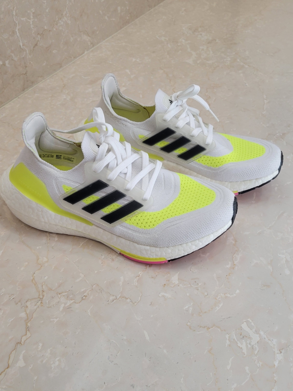 Adidas White & Neon Yellow Ultraboost Shoes